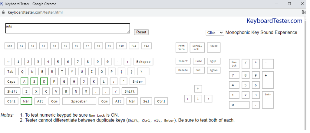 Test bàn phím onl;ine qua trang Keyboard tester